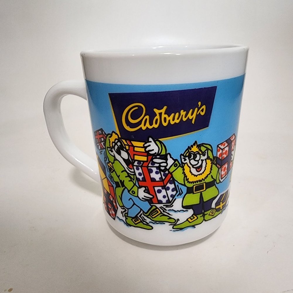 Vtg Cadburys Christmas Milk Glass Coffee Mug Elves Santa Tea Cup Arcopal France